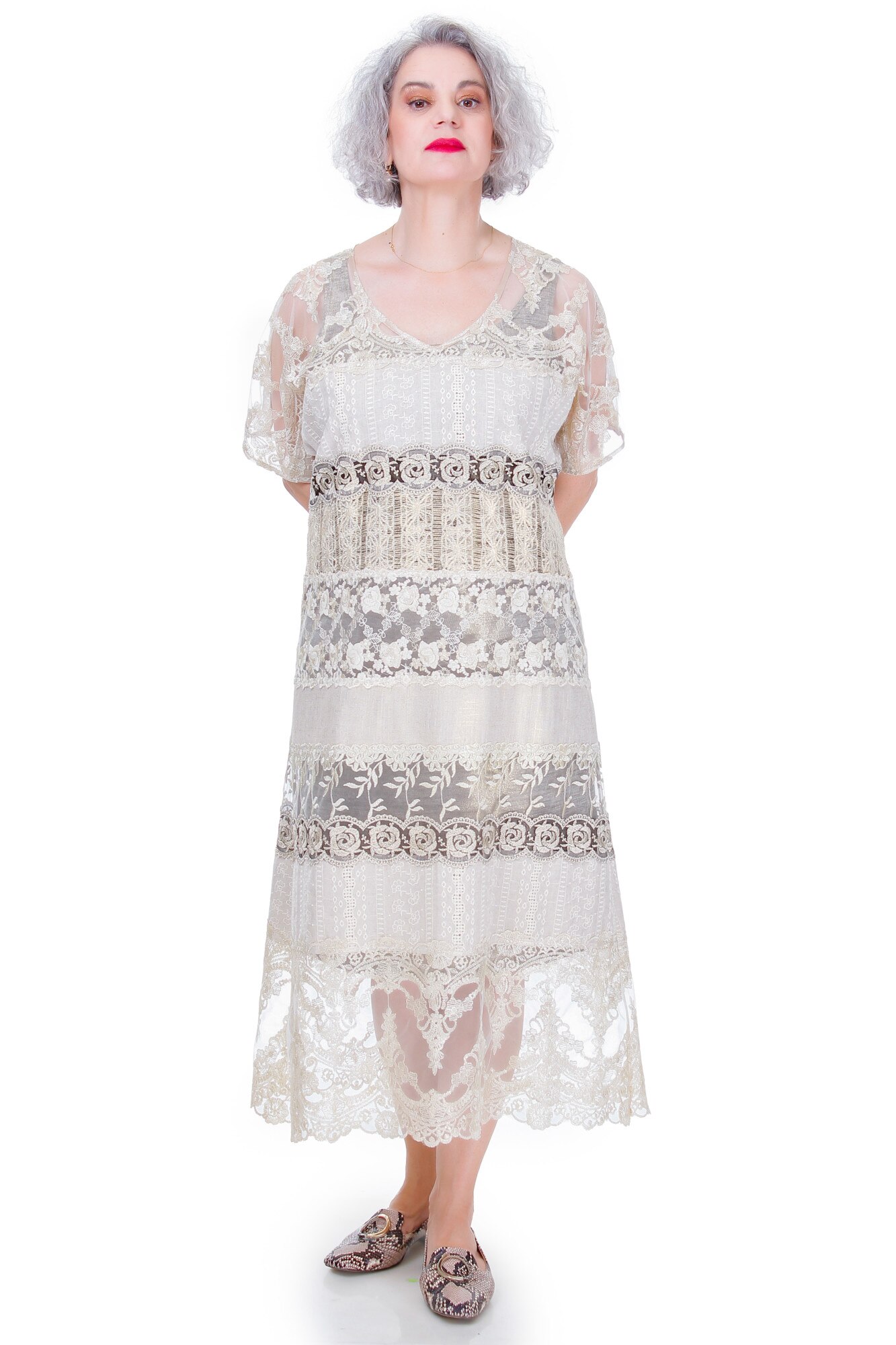 Rochie aurie dantela si bumbac, Liza Panait, R2313